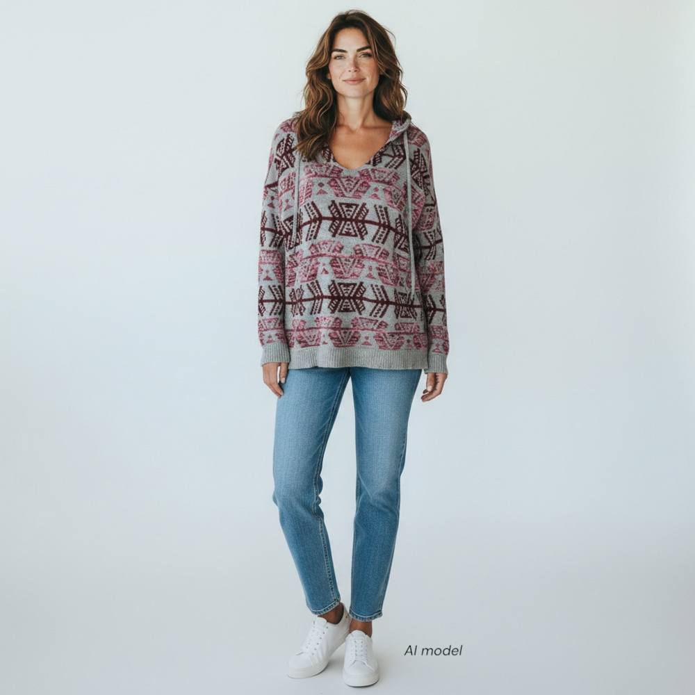 American Eagle Sweater Womens XS Gray Pink Hooded Aztec Geo Soft Cozy Hygge Boho